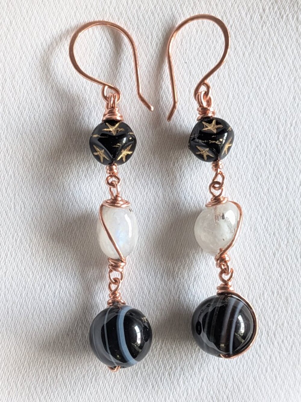 Copper Earrings with Banded Agates, Czech Glass Star Cubes and Moonstones - Picture 9 of 10